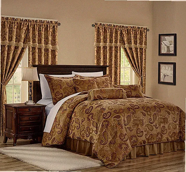7-Piece Jacquard Bedding Ensemble Copper Brown Woven Paisley Comforter Set