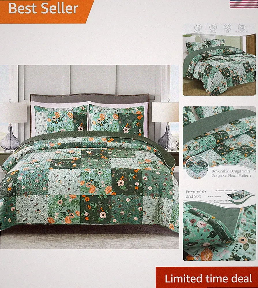 Boho Chic Green Floral King Quilt Set - Versatile All-Season Bedding Solution