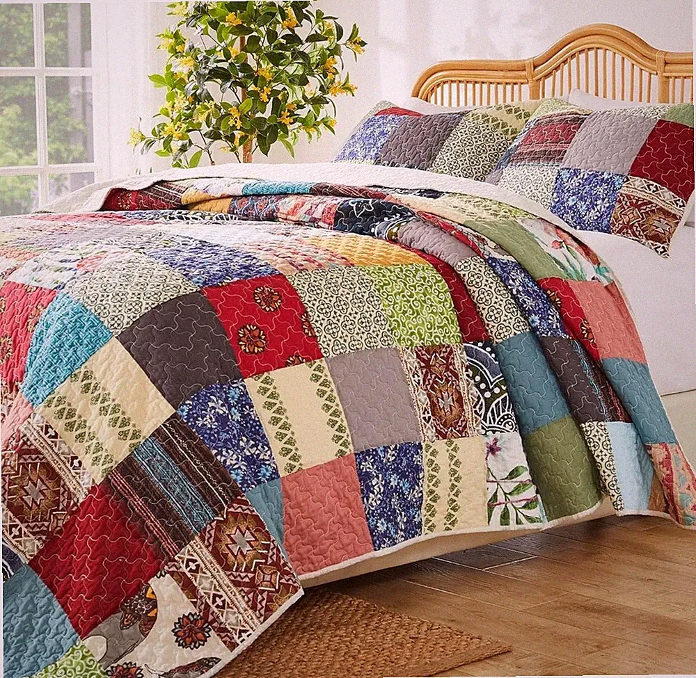 Boho Farmhouse 3Pc King Quilt Set Renee Cotton Patchwork Red Blue Country