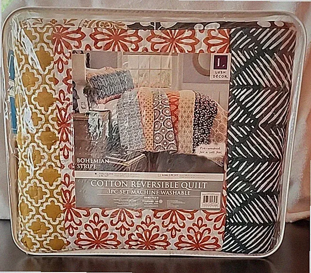 Boho Stripe Reversible Cotton Quilt 3-Piece Set King Bold Bohemian Bedding Set