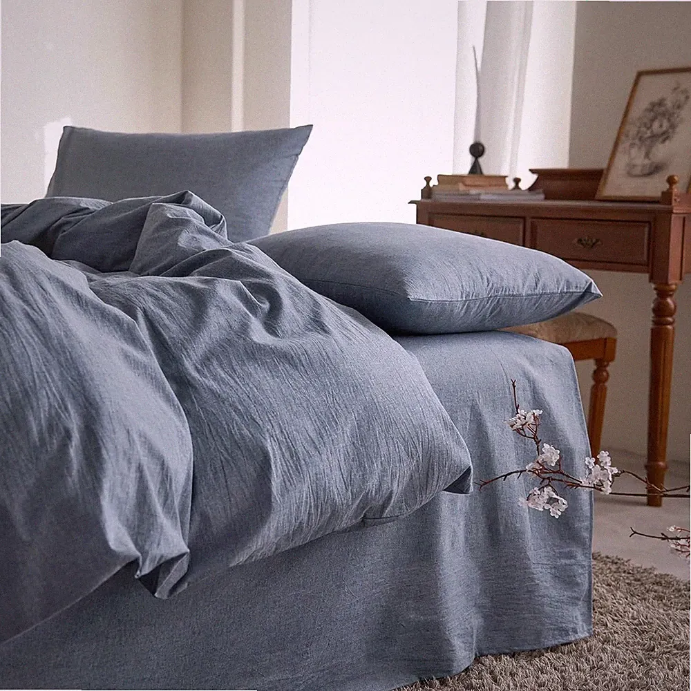 Cotton Duvet Cover Set, King Size, Chambray Denim Blue, 100% Washed Cotton, Li
