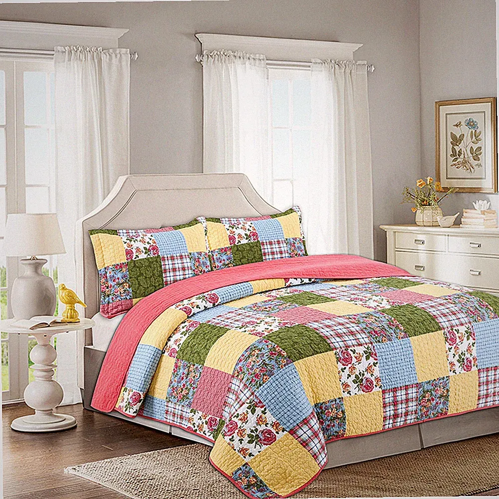 Farmhouse Florals Quilt Patchwork Printed All Seasons 100% Cotton Quilt Set King
