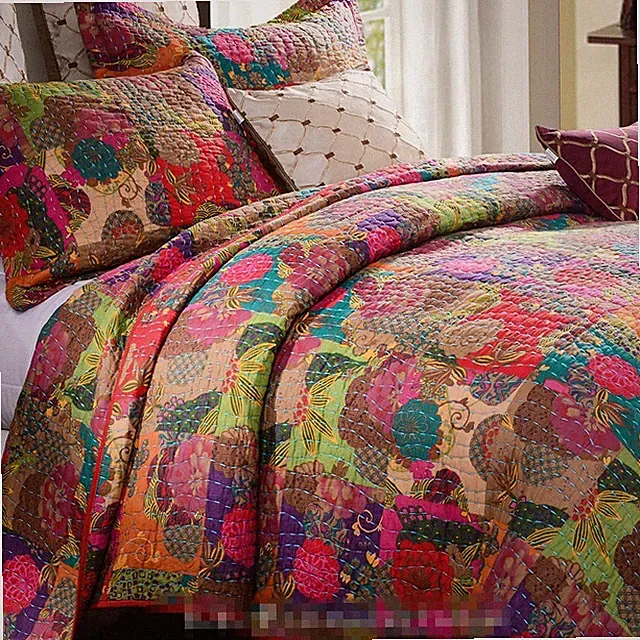 JEWEL RED 3p King QUILT SET : COTTON MOROCCAN BOHO FLORAL EXOTIC PRINT COMFORTER