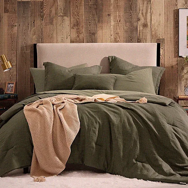 King Size Comforter Set- 7 Piece Dark Green Textured King Bedding Set, Soft Soli