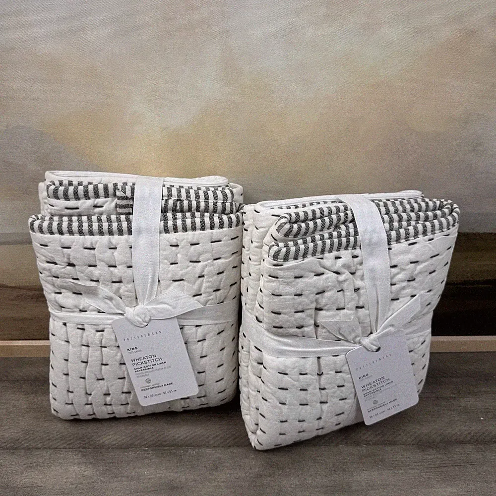 Pottery Barn Pick-Stitch Wheaton Reversible Striped Cotton Quilted Shams King OB