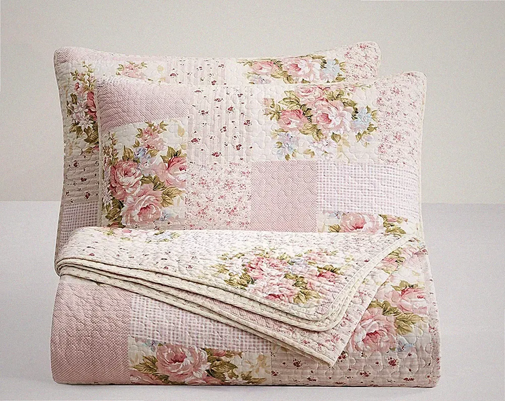 Pre-Washed Cotton Quilt Set - Rosy Pink Chic Floral Bedding Coverlet Set