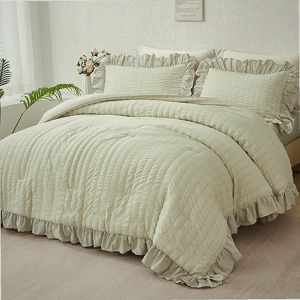 Ruffle Beige Grey King Bedding Set with Sheets - 5 Piece Comforter Set