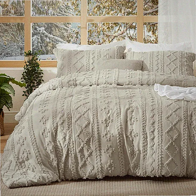 Tufted Boho Comforter Set King Size Linen Boho Bed Set GentleSoft 3 Pieces