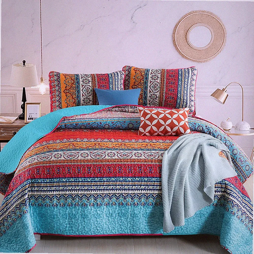 WONGS BEDDING Bohemian Quilt Set King Size, Boho Striped Printed Quilts Bedsp...